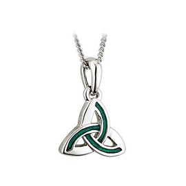 Solvar Trinity Knot Necklace Rhodium Plated & Green Enamel Irish Made by