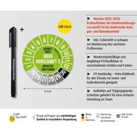 Frank Paperman® 120 x DGUV V3 Test Badges Green 30 mm Diameter Including Foil Pen, Test Badges Next Test Date, UV-Resistant, High Adhesion, 5 Colours, 2 Sizes