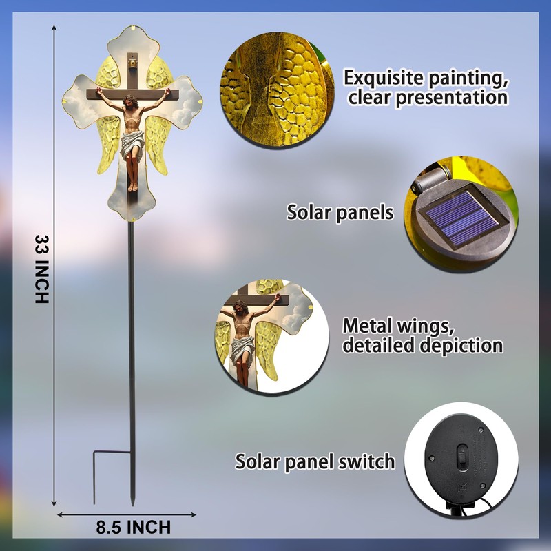 Solar Glass Jesus Cross Outdoor Light Power Stake Tombstone Wings