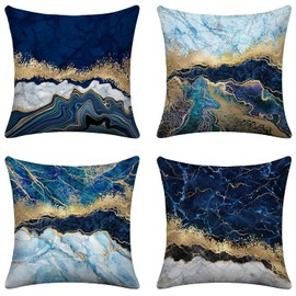 LHAIFA Blue Pillow Covers Gold Pillows Couch Pillows for Living Room 18x18 Set of 4 Navy Blue Turquoise Marble Abstract Decorative Pillows for Couch Bed Living Room Sofa Outdoor Car Pillow Covers