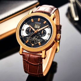 SURVAN WatchDesigner Watch for Men Sapphire Crystal Mechanical Skeleton Automatic Men's Wrist Watches Ion-Plated Leather Strap Copper Watch Needle（Rose Gold）