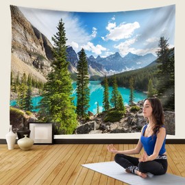 Wall Towel Forest Trees, Tapestry Lake Tapestries Mountains Wall Hanging Landscape Tapestry Alps Christmas Tree Sky Clouds Tapestry Green 200 x 200 cm