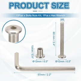 PATIKIL M6x60mm Hex Drive Socket Cap Bolt, 10 Set Chicago Screw Binding Post Screw Carbon Steel Dowel Nut with Hex Wrench for Furniture Chair Table Cabinets, Silver