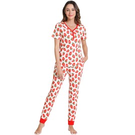 DREAMHALO Women's Pajamas Set-Viscose Made from Bamboo, Short Sleeve Sleepwear Top with Jogger Pant Pj Sets V Neck Loungewear Strawberry XL