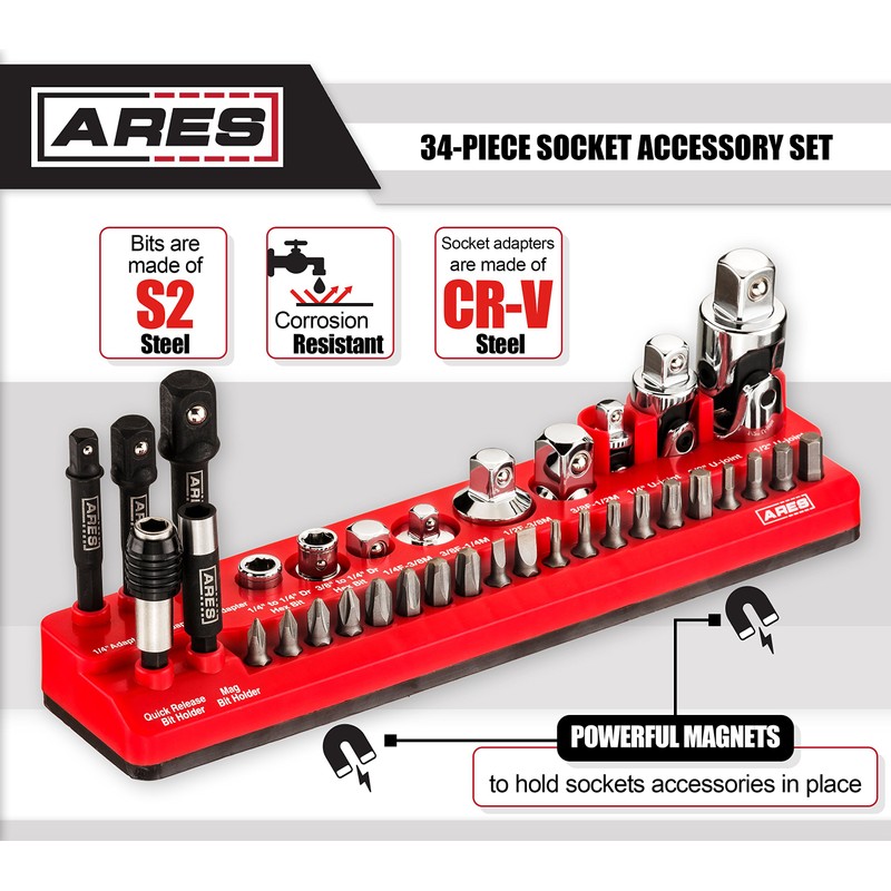 ARES 70751 - 34-Piece Socket Accessory Set - Includes Adapters,
