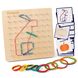 Coogam Wooden Geoboard with Activity Pattern Cards and Rubber Bands - 8 x 8 Pens Geometry Board Montessori Shape Puzzle Board Inspire Children's Imagination and Creativity