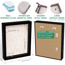 FrameWorks 11x14 Deep Shadow Box Frame, Wooden Display Case w. Linen Board & Tempered Glass Door - Matte Black - Medium - Wall Mounted