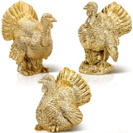 VioraWhite 3 Pack Fall Decor White and Gold Resin Figurine Thanksgiving Table Artificial Decorations for Autumn Harvest Indoor Home Farmhouse Kitchen(Turkey)