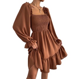 Womens Square Neck Mini Dress Ruched Lantern Long Sleeve Smocked Off Shoulder Dress Ruffle Hem Flowy Dress Brown XL
