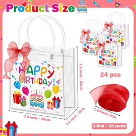 H1vojoxo Birthday Party Favor Bags - 24PCS Happy Birthday Clear PVC Gift Bags with Handles 10 Yards Red DIY Bow Ribbon 7.9x7.9x3.1 Inches Reusable Clear PVC Birthdays Gift Wrap Tote Bag for Kids Adults