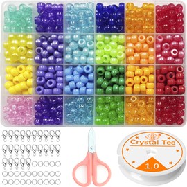 BetterJonny 772Pcs Pony Beads Kit, 24 Colors 9 * 6mm Barrel Beads Plastic Bracelet Beads with Scissors, Strings, Lobster Clasp and Open Rings for Jewelry Making