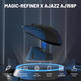 MAGIC-REFINER X AJAZZ AJ159P Kabellose Gaming-Maus Mit Magnetischem RGB-Ladedock, Gaming-Maus Für Kabelgebundene PCs 2.4G/USB-C, PAW3395-Sensor, 6 Einstellbare DPI Bis Zu 26000 Für PC/Mac-Schwarz