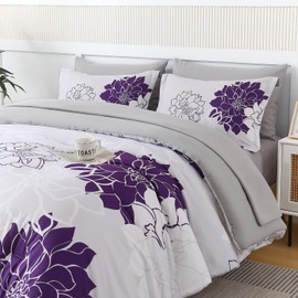 Ellewins King Size Comforter Set 7 Pcs Bed in a Bag,Purple White Modern Elegant Floral Pattern Grey Bedding Set,Soft Microfiber Comforter with Sheet Set,All Season Bed Set(PurpleWhite,102"x90")