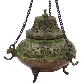 DharmaObjects Tibetan Traditional Hanging Incense Burner Copper (5.5 x 4.5 x 4.5 Inches, Hanging 7)