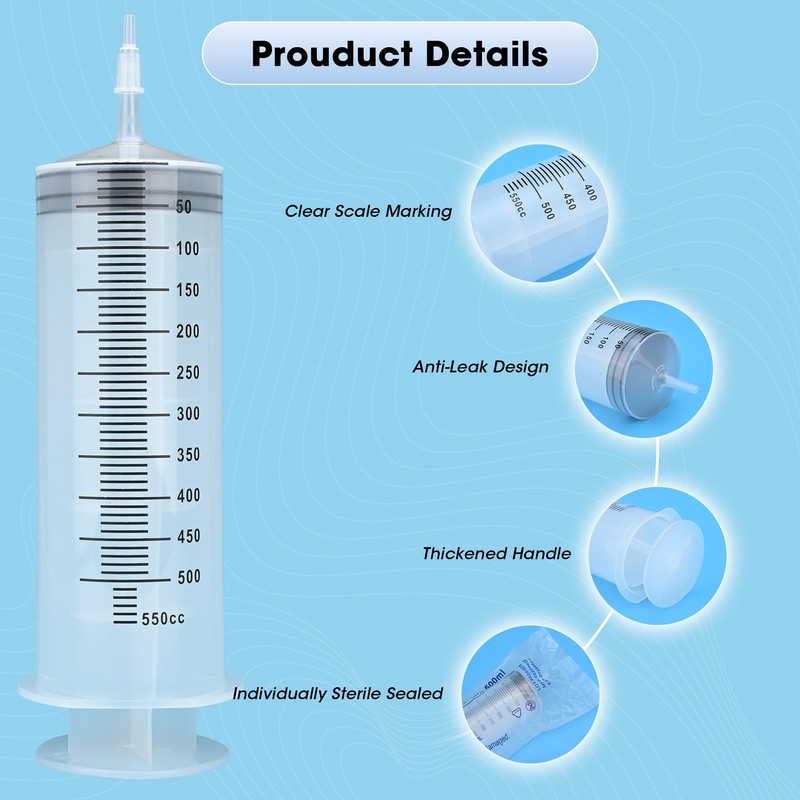 500mL Large Syringe with Tip Adapter, Individual Sealed and Sterile,