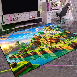 Block Game Rug Teen Kids Carpet, Pixel Games Scene Decoration Mat, Washable Cube Block Game Rugs for Boy’s Bedroom Living Room Playroom, Non-Slip Children Gaming Area Rugs (Green Village, 79" x 59")