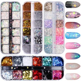 Xrten 48 Boxes Nail Sequins Shell Round Star Leaf Butterfly Iridescent Flake Nail Glitter,3D Nail Art Sticker Glitter for Make Up DIY Decals Decoration