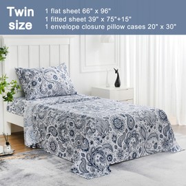 JSD Navy Blue Paisley Sheet Set Twin Size, 3 Piece Soft Printed Microfiber Sheets Extra Deep Pocket