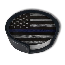 Thin Blue Line Leather Drinks Coasters with Holder Set of 6, Suitable for Kinds of Cups