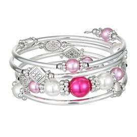 FULU AUTUMN Beaded Pearl Bangle Bracelets for Women Silver Wrap Bangles Bracelet Womens Costume Jewelry Fashion Gift(18-Hot pink)