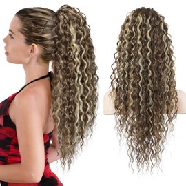 Flufymooz Ponytail Extension, 26 Inch Bohemian Style Drawstring Ponytail Hair Extensions for Women, Long Curly Wavy Pony Tail Natural Synthetic Hairpiece for Women (Cool Brown with Blonde Highlights)