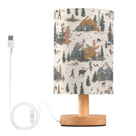 Bear Elk Mountain Outdoor Themed Table Lamp for Bedroom USB Port Lamps Small Accent Table Lamp Nightstand Lamp Study Linen Shade with Wooden Base, Decorative Lamps for Bedside Reading|Kids|Dorm|Home