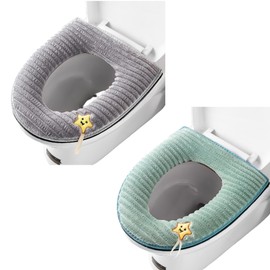 2 Pieces Thicker Bathroom Soft Toilet Seat Cover Pad with Handle Toilet Lid Cover Cushion Soft Thicker Washable Fits All Oval Toilet Seats (Gray+Green)