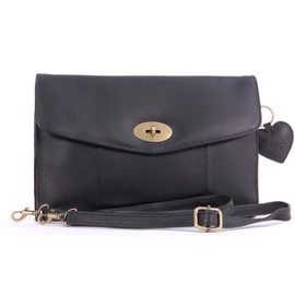 Gigi - Women's Small Leather Crossbody Bag - Clutch Bag With Detachable Adjustable Shoulder Strap - With Heart Keyring Charm - Othello 8757 - Black