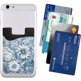 Cartera para teléfono floral azul y blanco, tarjetero adherido para la parte posterior de la funda del teléfono, funda de cuero para teléfono celular, bolsillo adhesivo para teléfono móvil