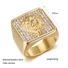 Vintage Fuax Diamond Carved Lion Head Signet Gold Plated Ring for Men,Animal Stainless Steel Iced Out Bling Square Top Thumb Pinky Ring,Pink Biker Cool Ring Fashion Pirate Rocker Jewelry(13)