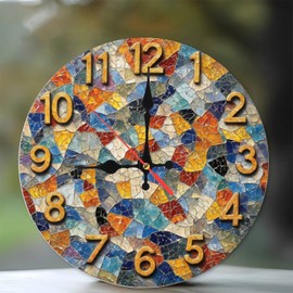 Lancholy Mosaic Tile Wall Clock Colorful Artistic Home Decor 10-Inch Wooden Wall Clock, Silent Movement, Battery Operated (AA Batteries Not Included), Artistic Home Decor, Perfect for Home Accents