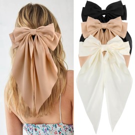 VELSCRUN Velscrun Hair Bows for Women Girls 3Pcs White Silky Satin Large Hair Bow Black Coquette Bow Brown Big Bows Hair Clip Oversized Hair Ribbons Long Tail Hair Bow Hair Barrettes Hair Accessories Gifts