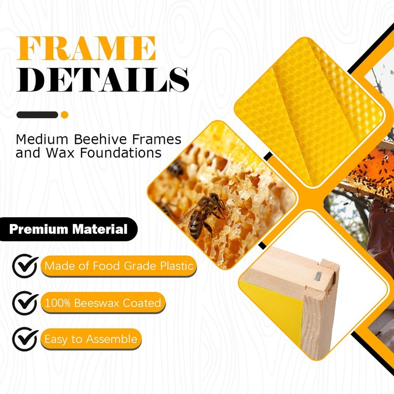 POLLIBEE Medium or Super Bee Hive Frames and Wax Foundations,10
