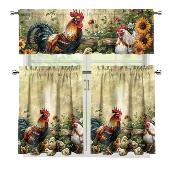 YUVAMAGIMO Sunflower Rooster 3-Piece Tier Curtains 36 Inch Long Country