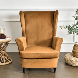MIFXIN Wing Chair Slipcover 2 Piece Set Velvet Stretch Wingback Chair Cover with Cushion Cover Soft Washable Armchair Furniture Protector for Living Room Bedroom (Camel)