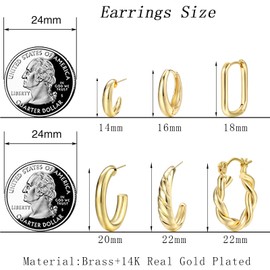 Gold Hoop Earrings Set for Women, 14K Gold Plated Lightweight Hypoallergenic Chunky Open Hoops Pack (Gold Small Size)