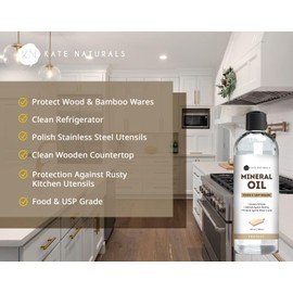 Kate Naturals Mineral Oil for Cutting Board 12oz with Wax Applicator. Food Grade & Food Safe Mineral Oil to Protect Wood on Cutting Boards, Butcher Block & Bamboo Boards