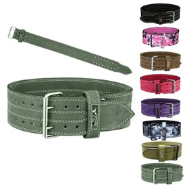 MRX Powerlifting Leather Belt 4" Wide 10mm Thickness Training Fitness Back Support Bodybuilding Belts with Steel 2 Prong Buckle Olive Green New (Small)