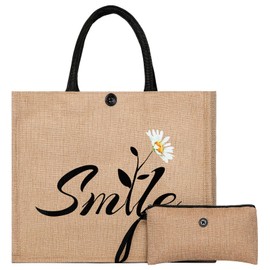 Beach Bag, Large Beach Bag for Women, Woven Straw Beach Tote Bag Waterproof, Weaving Swim Gym Shopping Travel Bag with Button, Classic-Smile