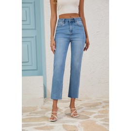 FLYING BANANA Women's High Waisted Straight Slim Ankle Stretch Denim Trendy Jeans (Light Blue, 4)