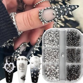 Punk Bullet Rivet Nail Charm 3D Alloy Flat Bottomed Pointed Cone Mixed Black Silver Nail Art Rhinestones Studs Goth Nail Art Charm Spike Nails for Women DIY Nail Decoration Accessories Crafts 6 Grids