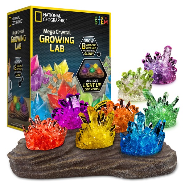 NATIONAL GEOGRAPHIC Mega Crystal Growing Lab - 8 Vibrant Colored Crystals To Grow with Light-Up Display Stand & Guidebook - Includes 5 Real Gemstone Specimens Including Amethyst & Quartz