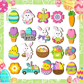 40 Pcs Easter Wooden Tags Hanging with Jute Twine - Colorful Happy Bunny Chick Eggs Floral Designs for Spring Decorations Wood Baskets Gifts DIY Crafts Party Home Classroom Wall Tree Decor