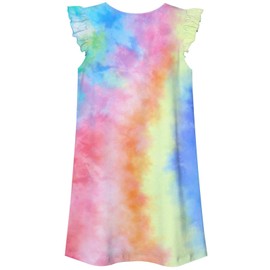uideazone Girls Nightgowns Size 9-10 Tie Dye Pajamas Dress Flutter Sleeveless Nightdress Rainbow Sleepwear Casual Nightshirt Dress