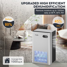 ToLife Dehumidifier for Home, 1000 sq.ft Dehumidifiers for Basement Bedroom Bathroom with 95 OZ Water Tank, Auto Shut Off 7 Colors LED Light, Silver