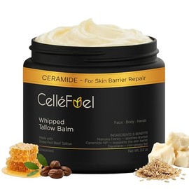 Whipped Tallow Balm by CelleFuel with Honey & Ceramide for Skin Barrier Repair– 100% Grass Fed Beef Tallow for Face & Body – Non Greasy, Unscented for Dry, Damaged & Sensitive Skin (2 oz)
