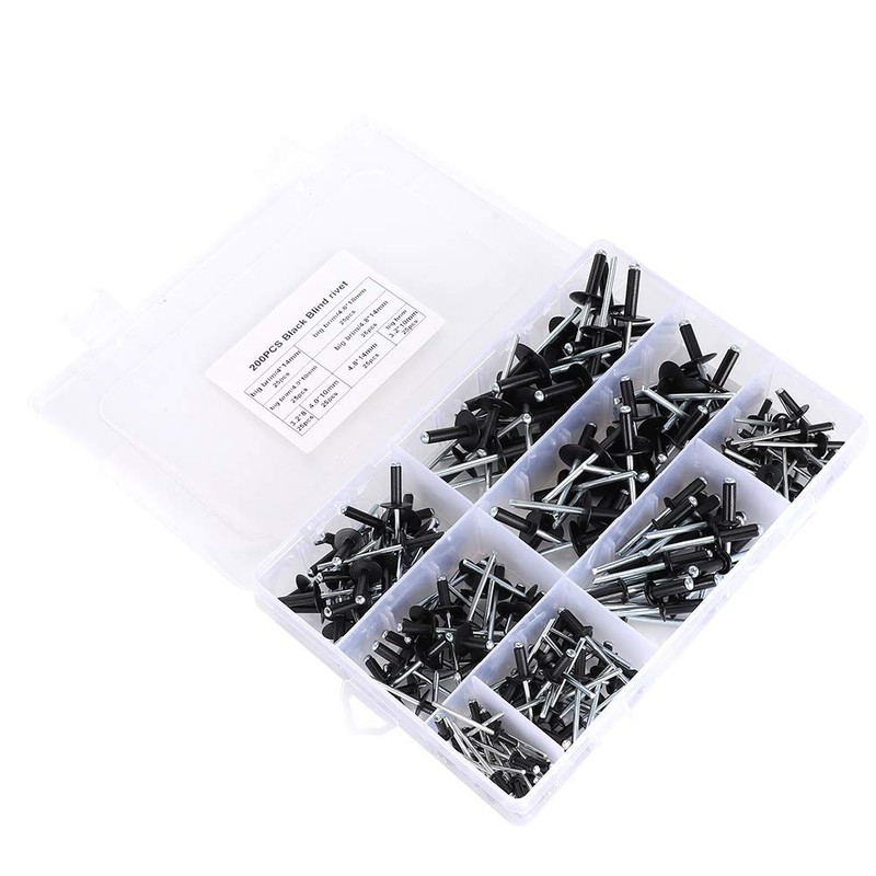 200pcs Black Blind Rivets Steel Mandrel Aluminum Body Pop Rivets