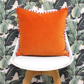 Riva Paoletti Velvet Pompom Cushion Cover - Orange - Faux Velvet Fabric - Contrasting Fuchsia Pink Pompom Edges - Hidden Zip Closure - 100% Soft Cotton - 45 x 45cm (18" x 18" inches)