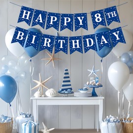 Happy 8TH Birthday Banner Blue 8 Years Old Boy or Girl Party Decorations Great to Be 8, Boys Funny 8th Birthday Party Supplies(Blue)