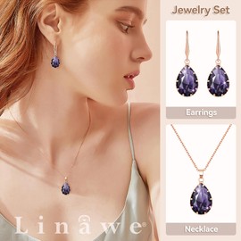 Linawe Amethyst Crystal Rose Gold Jewelry Sets, Purple Pendant Necklace, Lavender Imitation Diamond Rhinestone Dangle Earrings, Boho Wedding Set Teardrop Cubic Zirconia Birthstone